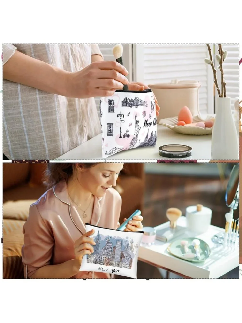 9 Pcs New York Cosmetic Bag Set - Zipper Pouch Makeup Purse for Travel & Gifts